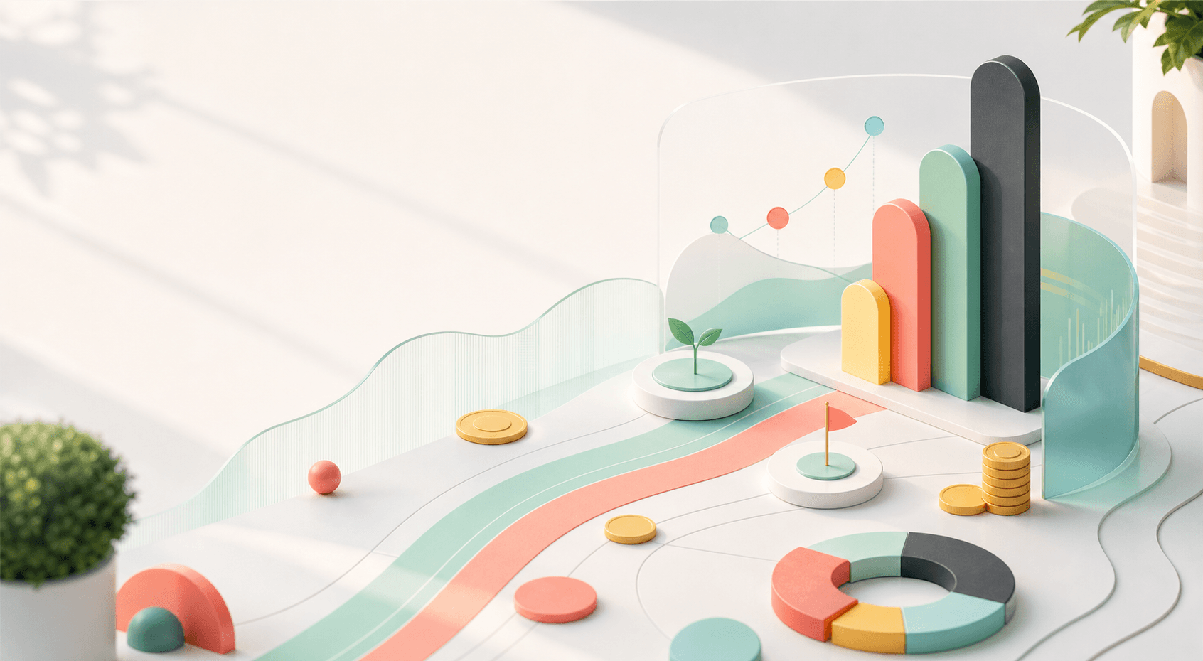 Escena financiera abstracta con gráficos, monedas y una ruta de crecimiento